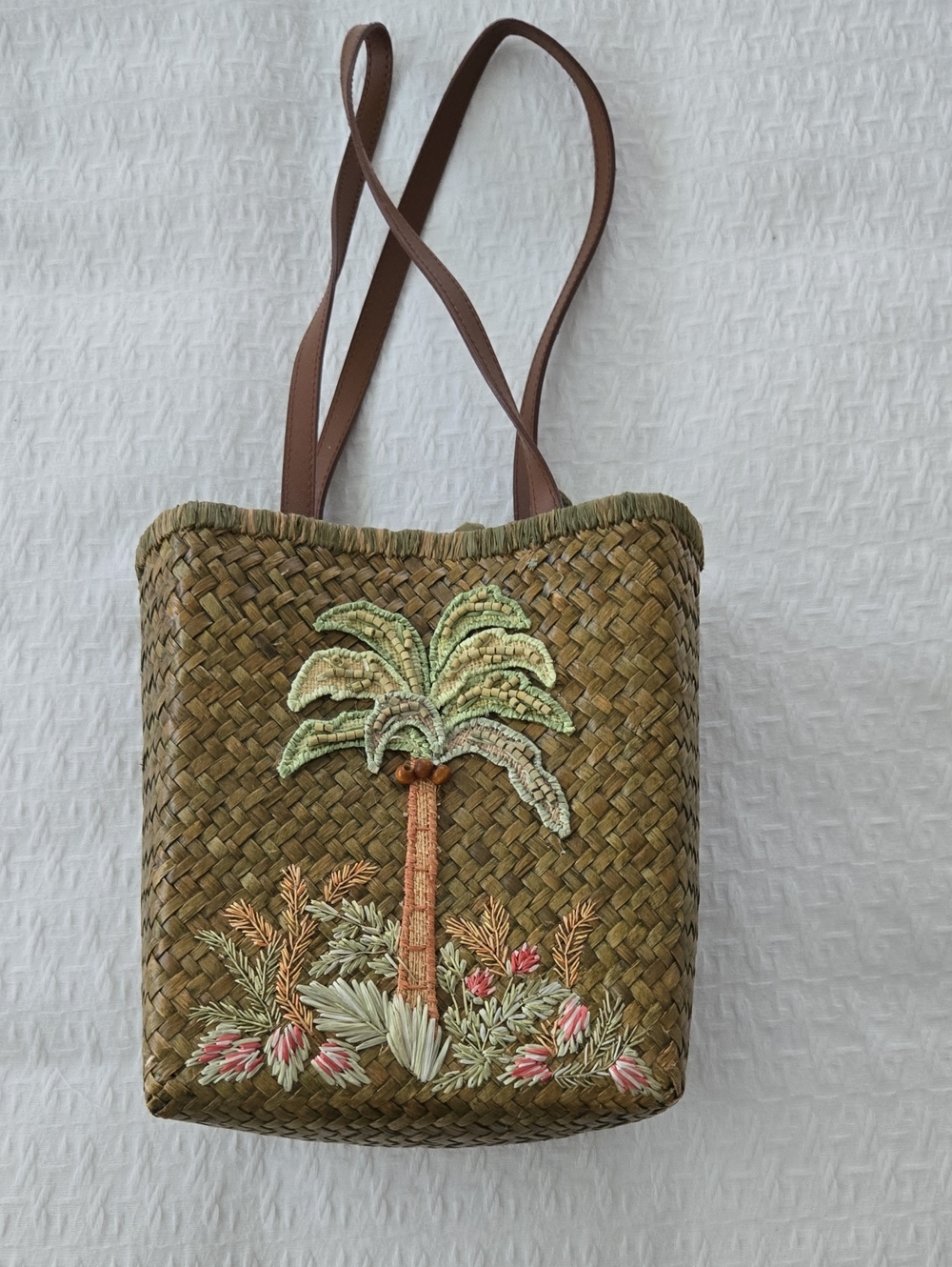 Cappelli Straworld Brown Woven Palm Embroidered Shoulder Bag